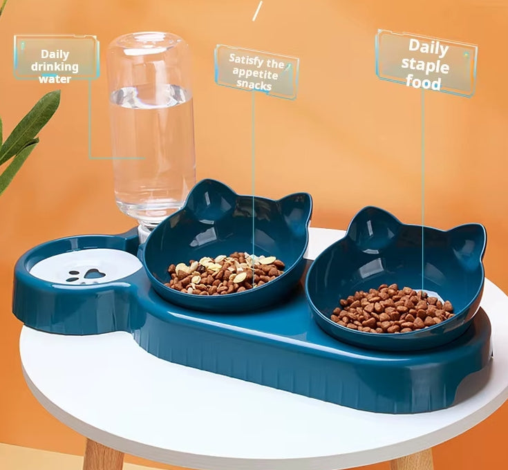 3 In 1 Ear Design Tilted Cat Water And Food Bowl